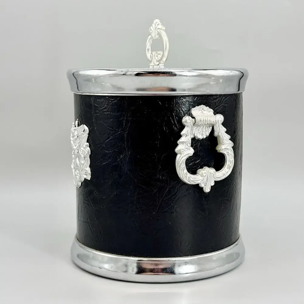 Hong Kong MCM Vintage Black Vinyl and Silver Ice Bucket W/Crest Design